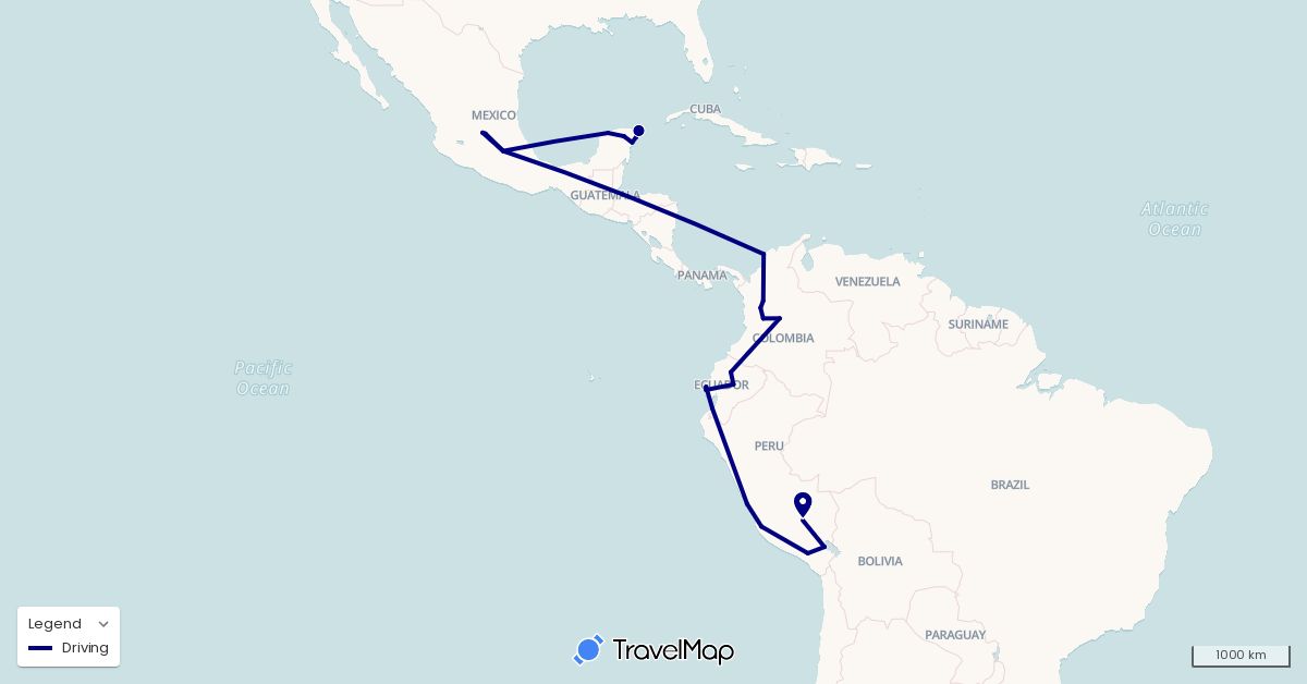 TravelMap itinerary: driving in Colombia, Ecuador, Mexico, Peru (North America, South America)